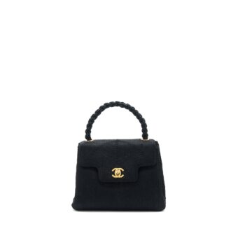 Chanel Vintage Top Handle Flap Bag Woven Silk Black GHW