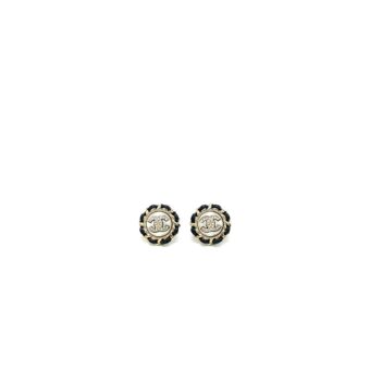 Chanel CC Logo Round Pearl Earring With Black Leather Light Gold Tone