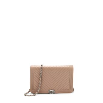 Chanel Chevron Boy Wallet On Chain Caviar Dark Beige Ruthenium Hardware