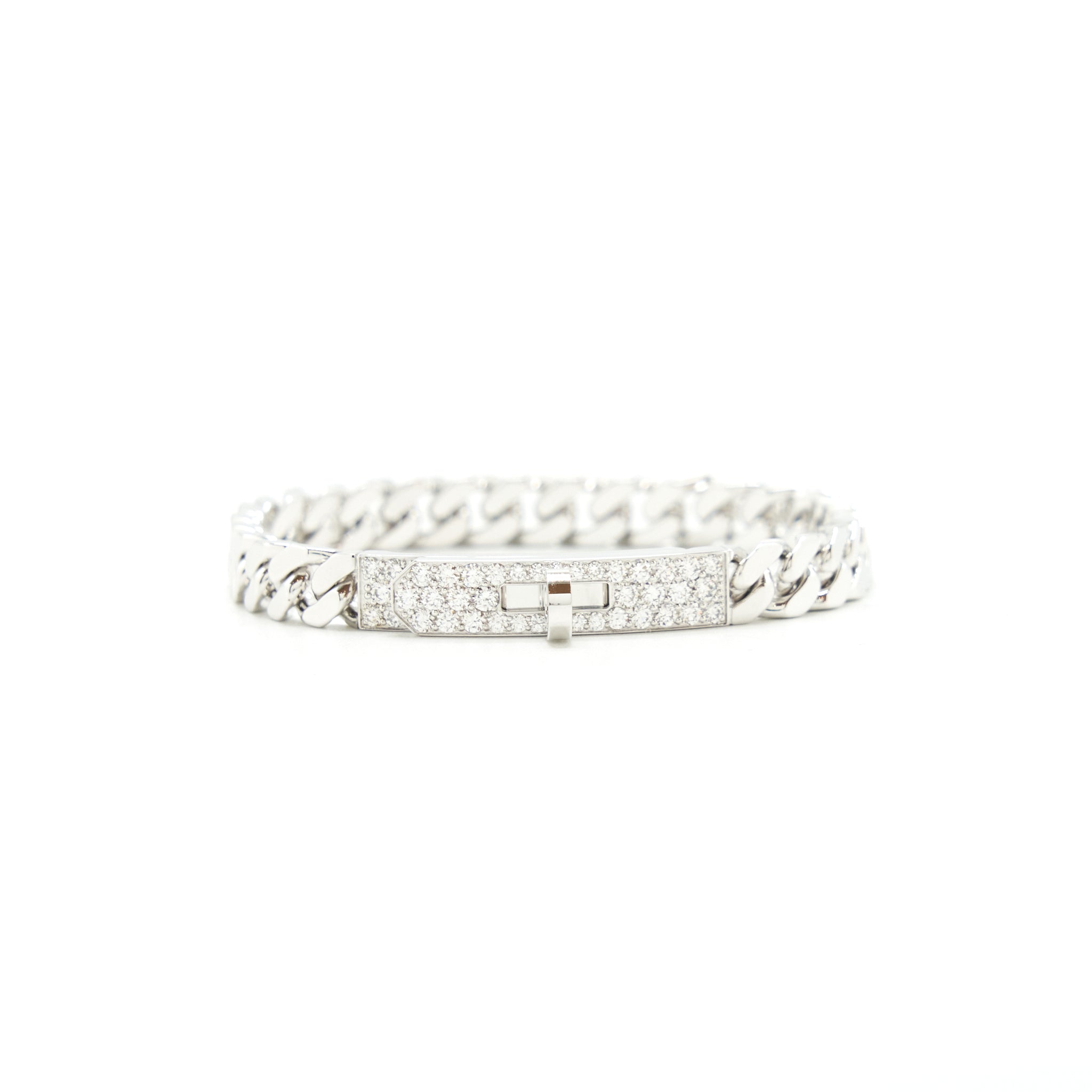 Hermes Size SH Kelly Gourmette Bracelet White Gold With Diamonds
