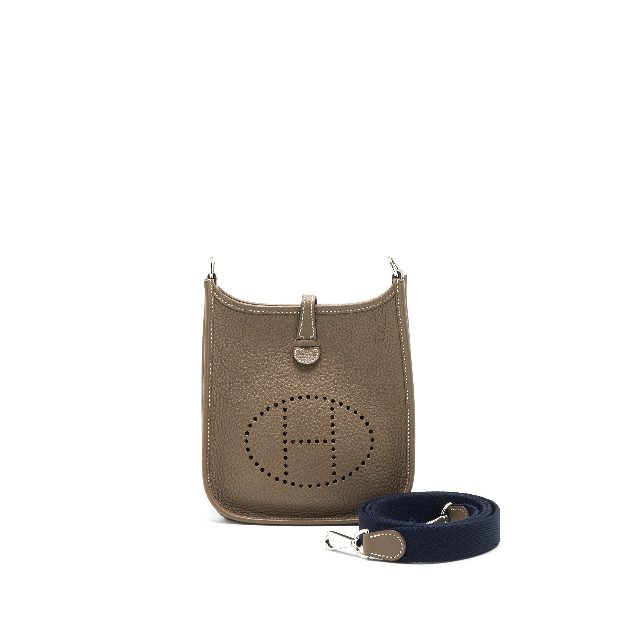 Hermes Mini Evelyne Etoupe With Blue Nuit Strap SHW Stamp D