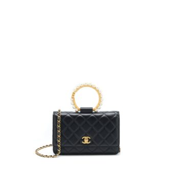 Chanel 21S Wallet On Chain With Pearl/CC logo Round Handle Lambskin Black Brushed GHW