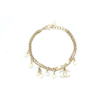 Chanel Double Chain CC Logo Bracelet Crystal/Pearl Light Gold Tone