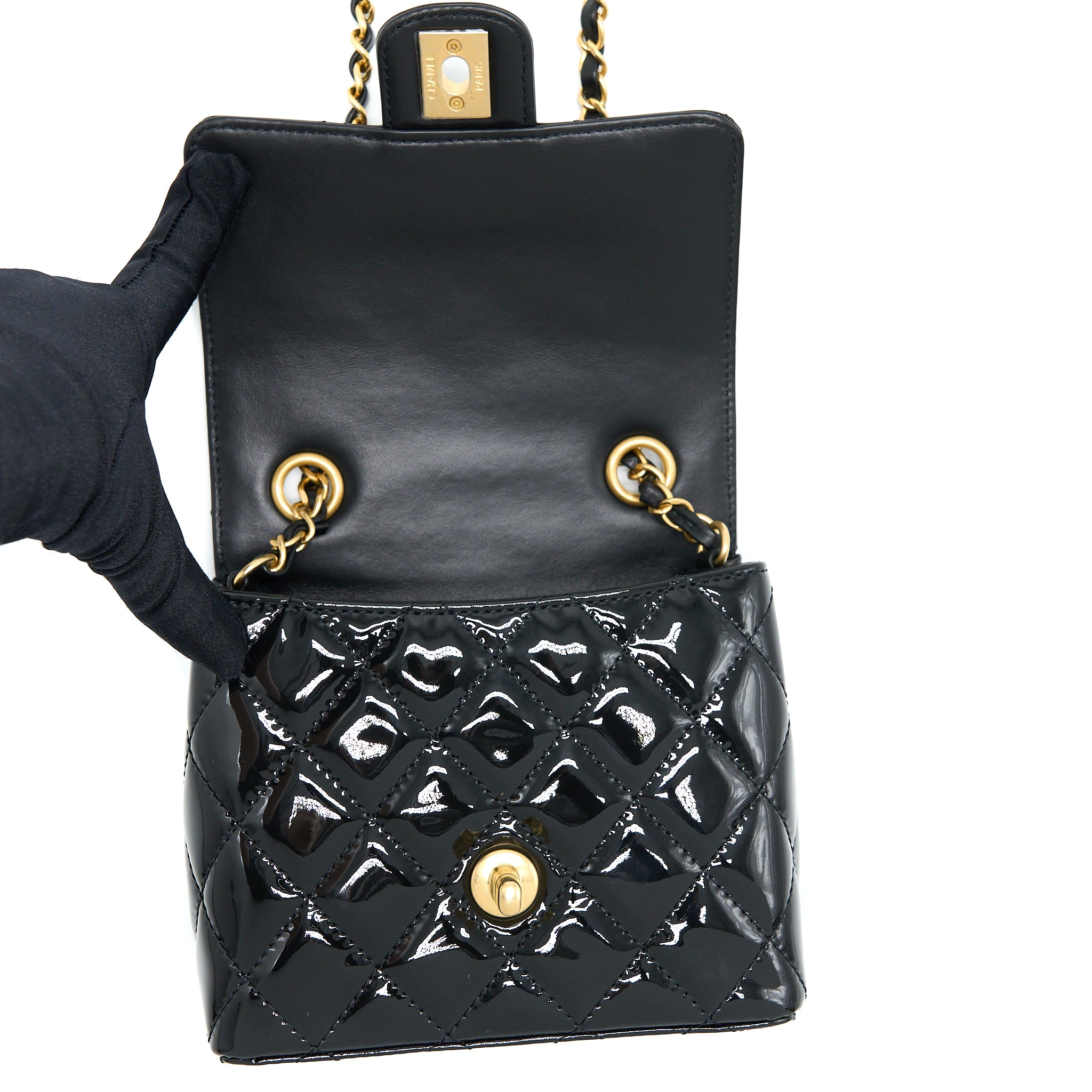 Chanel 22K Retro Classic New Square Mini Flap Bag Patent Black Brushed GHW(Microchip) - Image 10