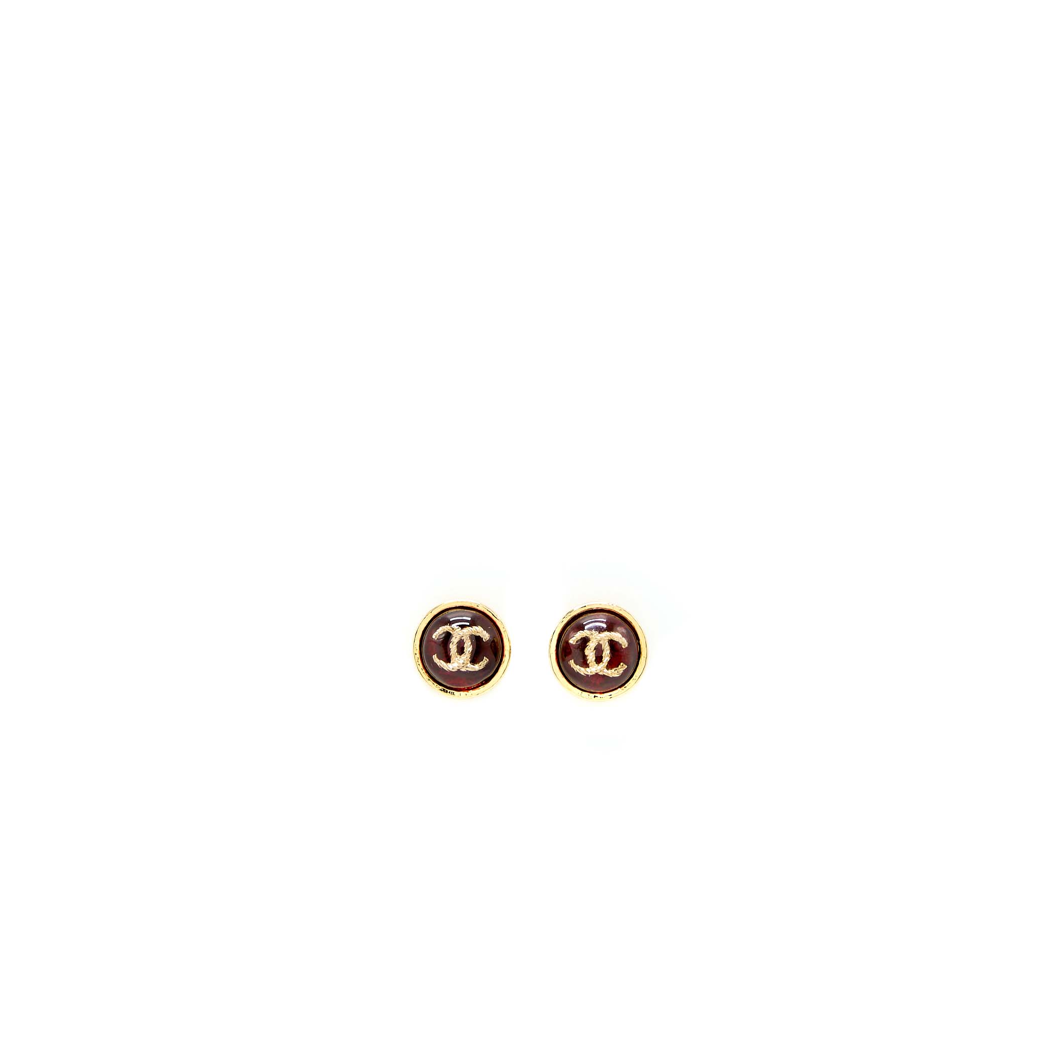 Chanel 22K Round With CC Earrings Ruby Gold Tone