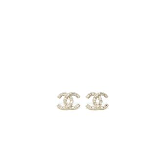 Chanel 22K Large CC Logo Earrings With Crystal Light Gold Tone