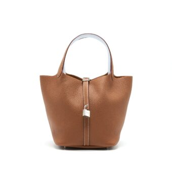 HERMES PICOTIN 22 LOCK BAG GOLD WITH BLUE BRUME HANDLE SHW