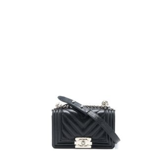 Chanel Small Chevron Boy Bag Shiny Grained Calfskin Black SHW