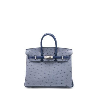 Hermes Birkin 25 Special Order Ostrich Gris Agate/Blue Iris Brushed SHW Stamp Z