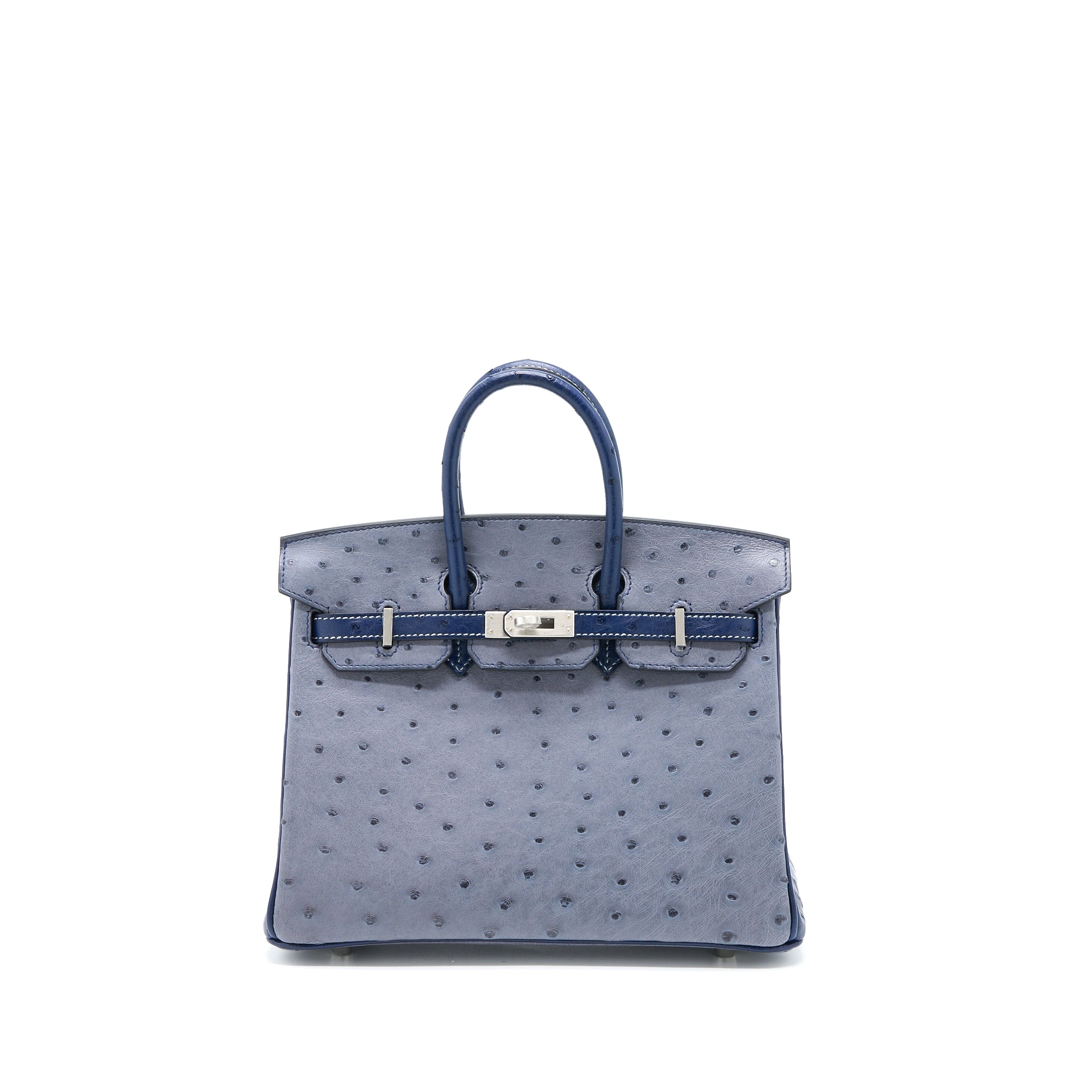 Hermes Birkin 25 Special Order Ostrich Gris Agate/Blue Iris Brushed SHW Stamp Z