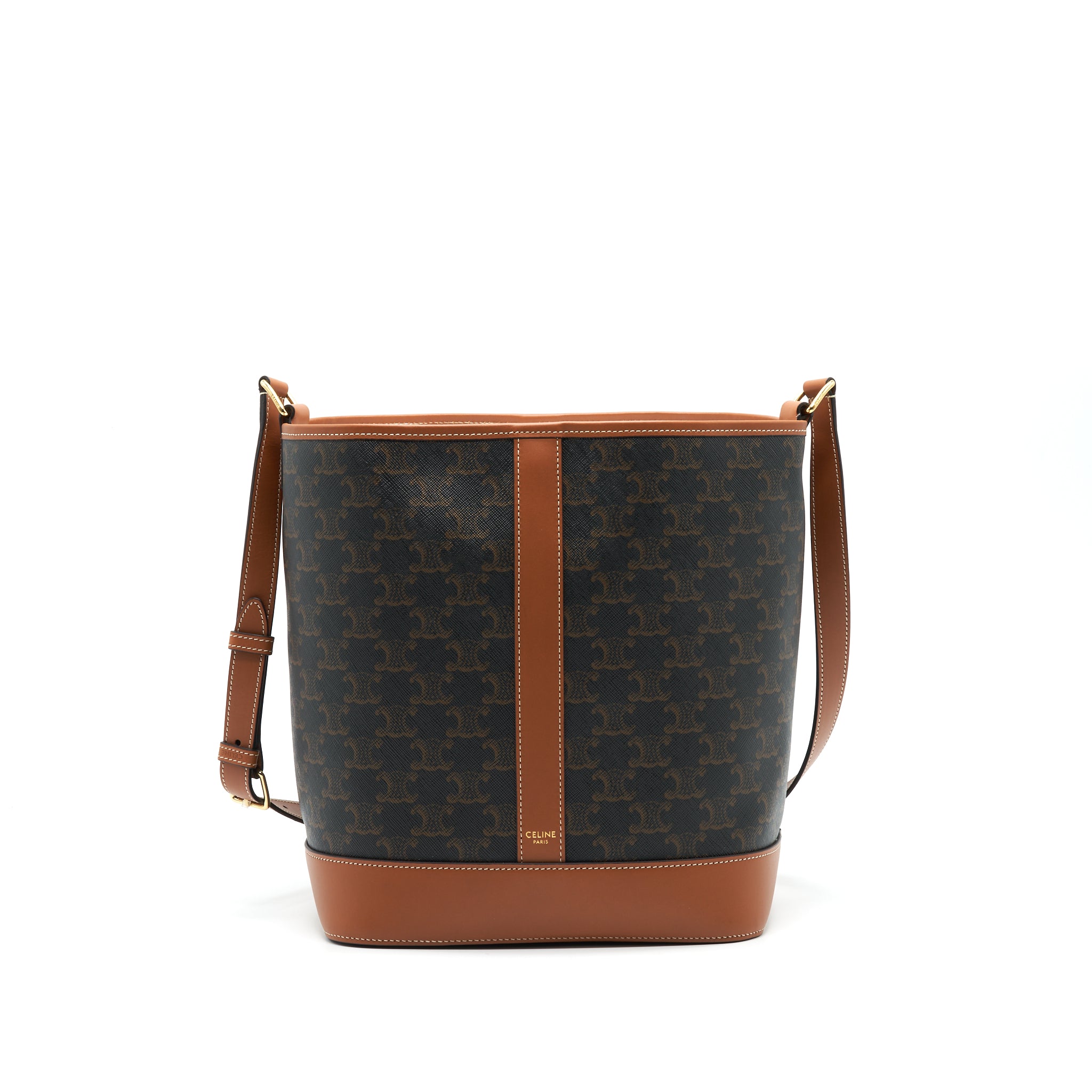 CELINE MEDIUM BUCKET IN TRIOMPHE CANVAS AND CALFSKIN TAN