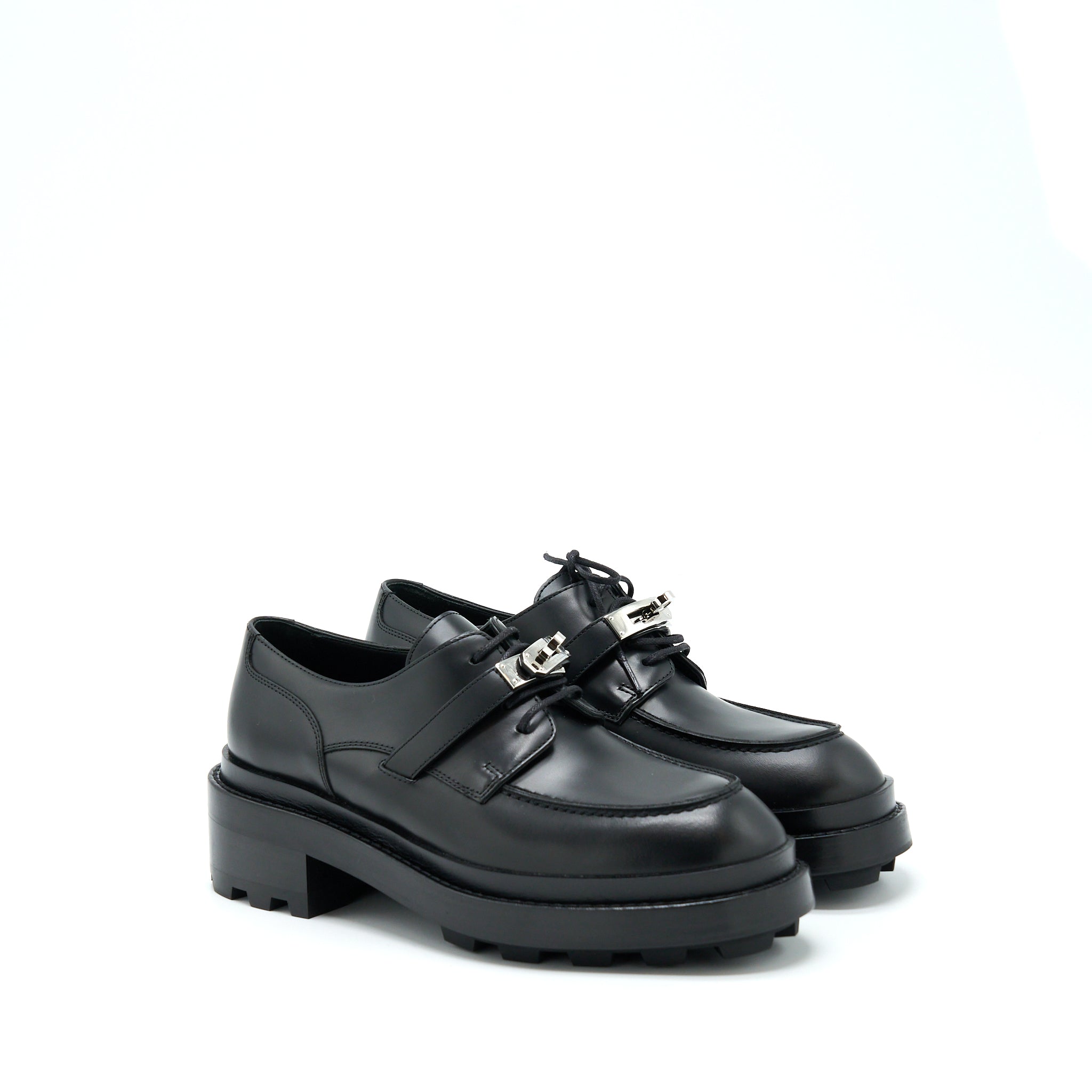 Hermes Size 37.5 Richelieu Derby First Loafer Black SHW