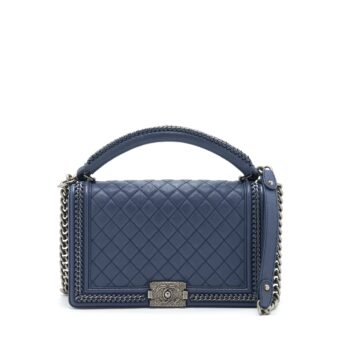 Chanel Boy Bag With Top Handle Navy Ruthenium Sliver Hardware
