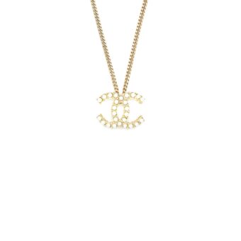 Chanel Pearl CC Logo Necklace Gold Tone