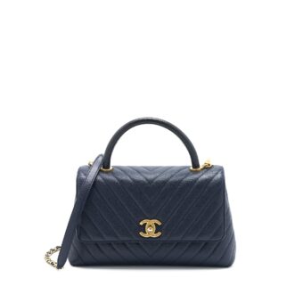 Chanel Medium Chevron Coco Handle Bag Caviar with Lizard Handle Navy Brushed GHW