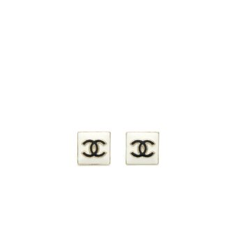 Chanel Square Enamel CC Logo Earrings Black/White Light Gold Tone
