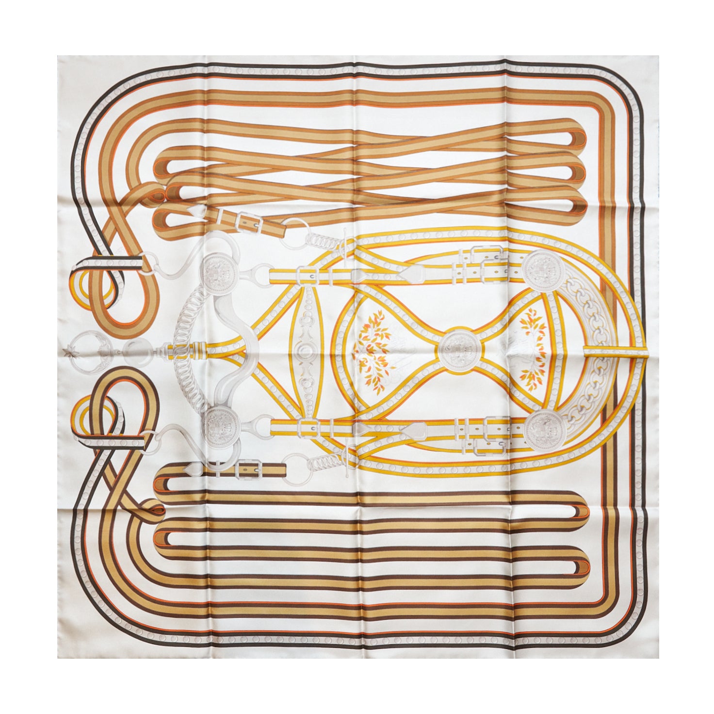 Hermes 90 x 90 Silk Scarf Grand Tralala Blanc/Caramel
