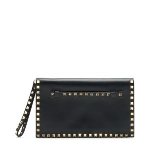 VALENTINO GARAVANI ROCKSTUD LEATHER CLUTCH BAG BLACK