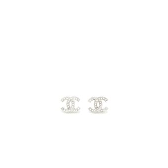 Chanel CC Logo Earrings Crystal Silver Tone