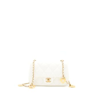 Chanel Quilted Flap Bag With Heart Charm Chain Lambskin White GHW(Microchip)