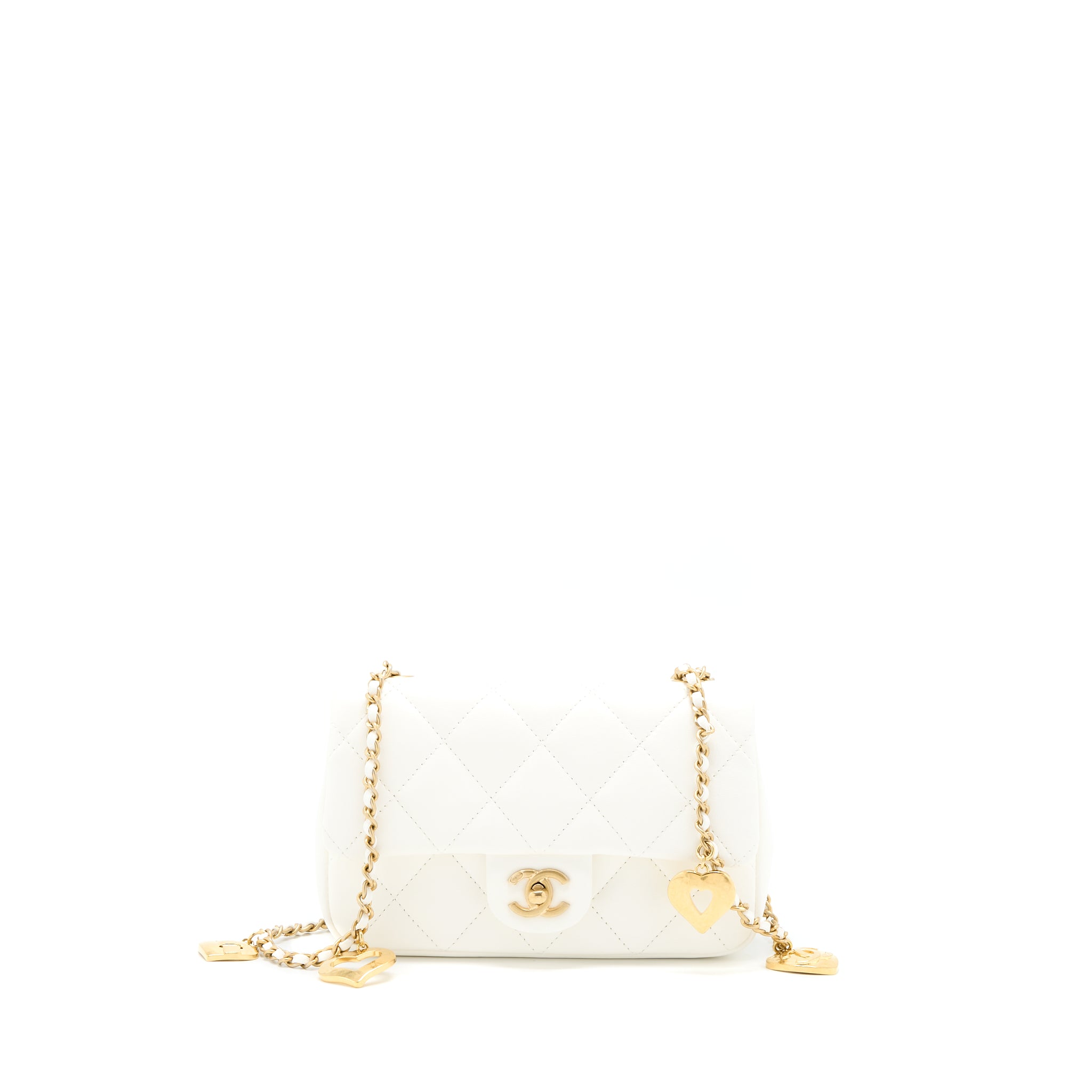 Chanel Quilted Flap Bag With Heart Charm Chain Lambskin White GHW(Microchip)