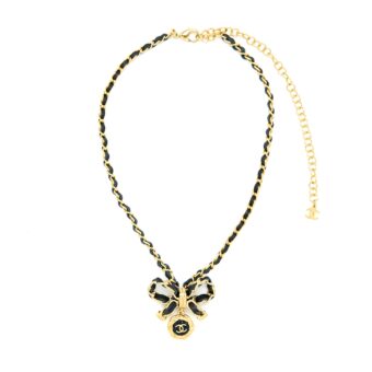 Chanel Leather Chain Bow And Round CC Logo Drop Necklace Gold Tone