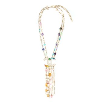 Chanel Pearl / Crystal With Large CC Logo Drop Necklace Light Gold Tone