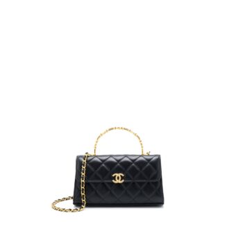 Chanel 22B Flap Bag With Enamel Top Handle Lambskin Black GHW