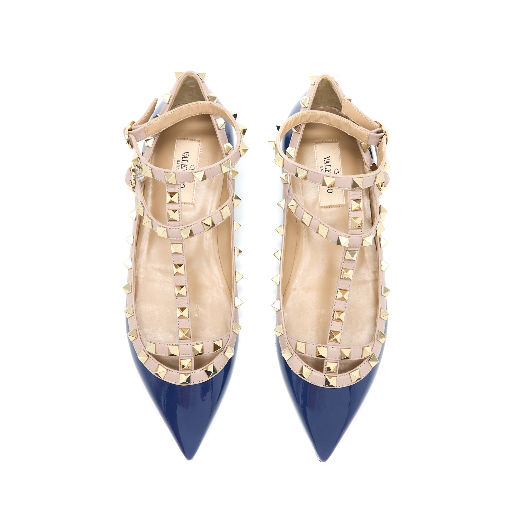 Valentino Size 38 Garavani Rockstud Ballet Flat Caged Patent Navy LGHW - Image 3
