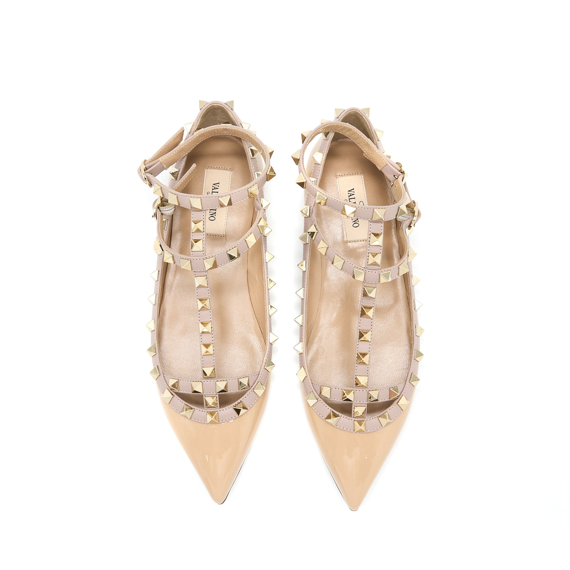 Valentino Size 38 Garavani Rockstud Ballet Flat Caged Patent Beige LGHW - Image 3