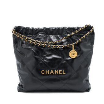 Chanel 22 Bag Medium Shiny Calfskin Black In Gold Letter GHW (Microchip)
