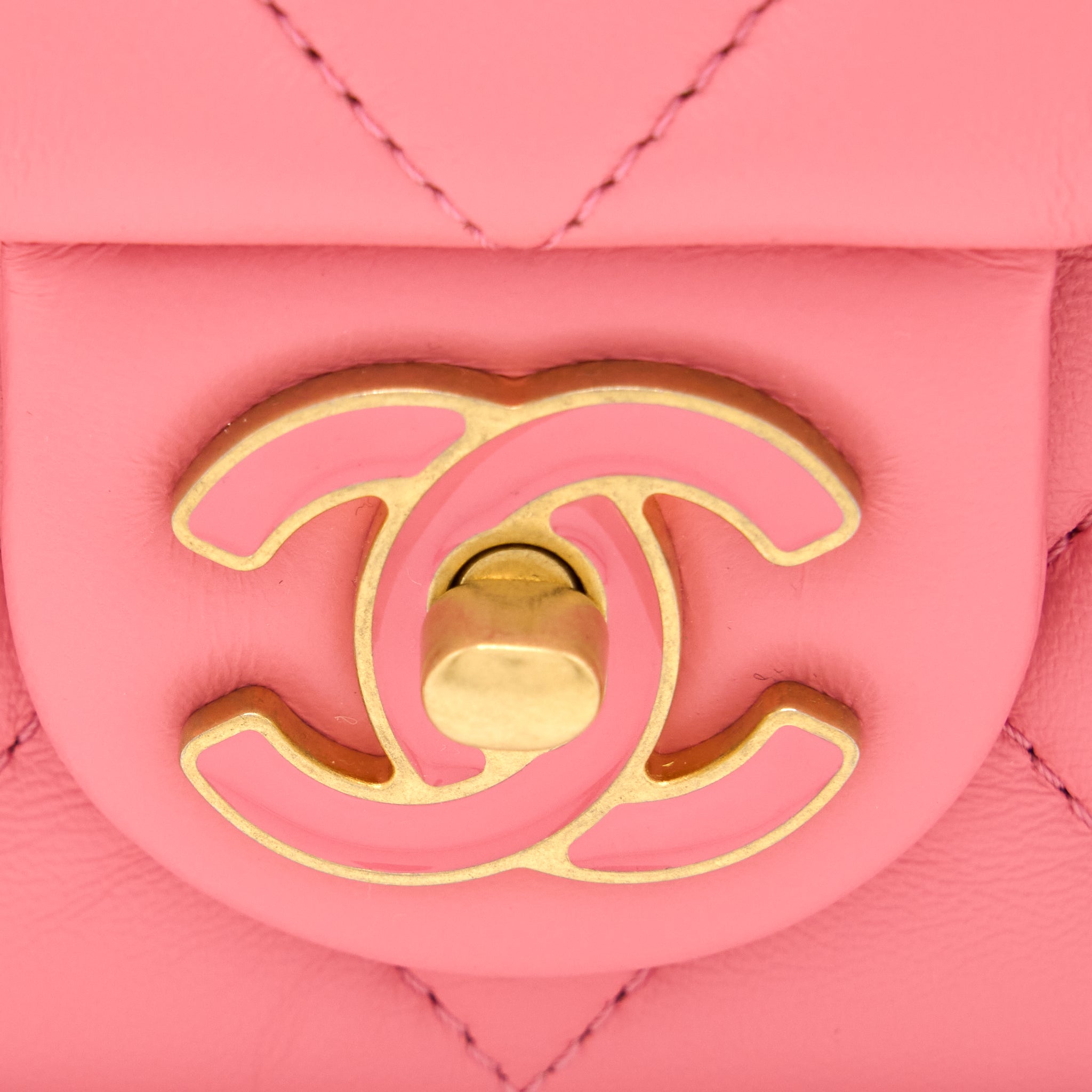 Chanel 22P Mini Square Flap Bag Lambskin Pink With Enamel And Gold Hardware (Microchip) - Image 7