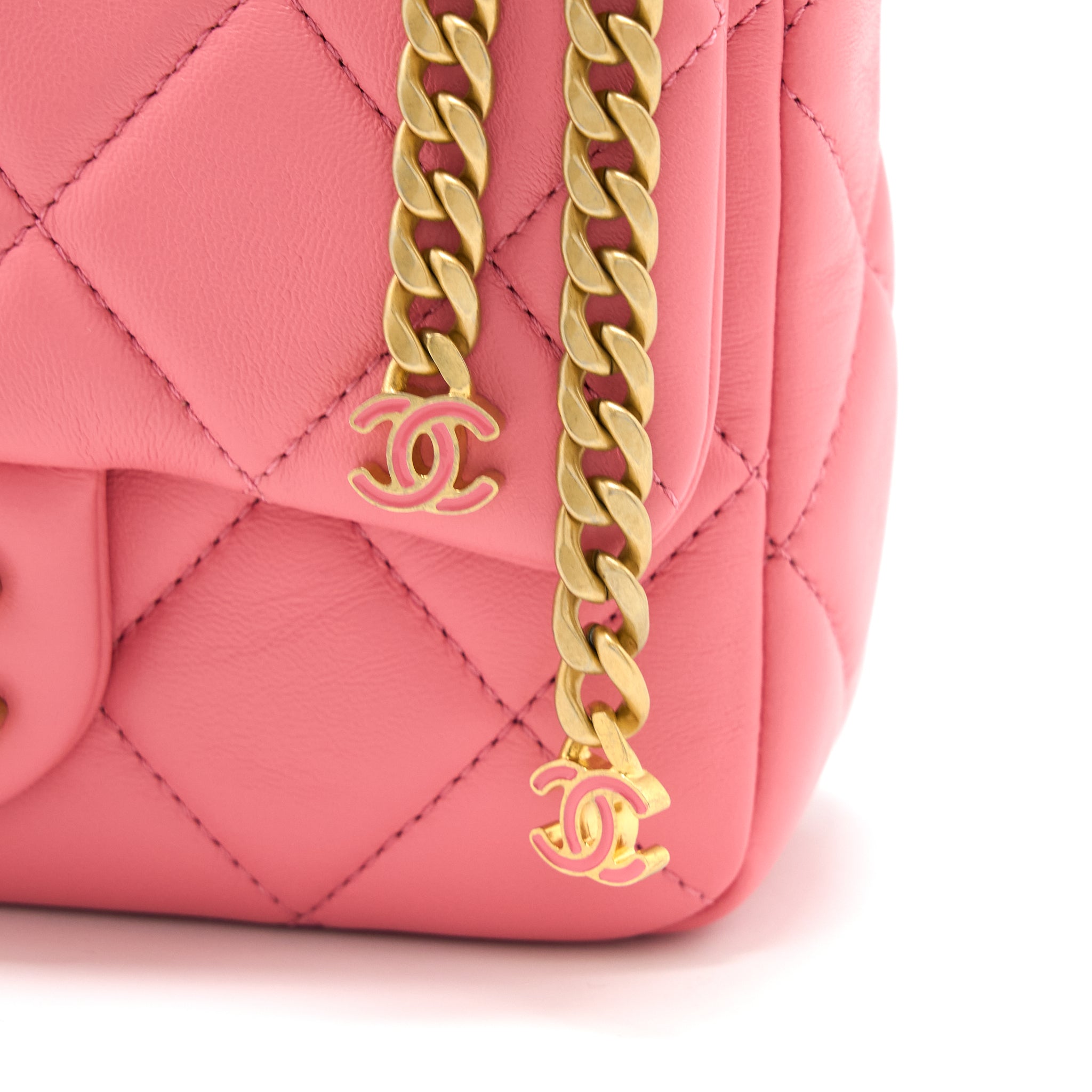 Chanel 22P Mini Square Flap Bag Lambskin Pink With Enamel And Gold Hardware (Microchip) - Image 10