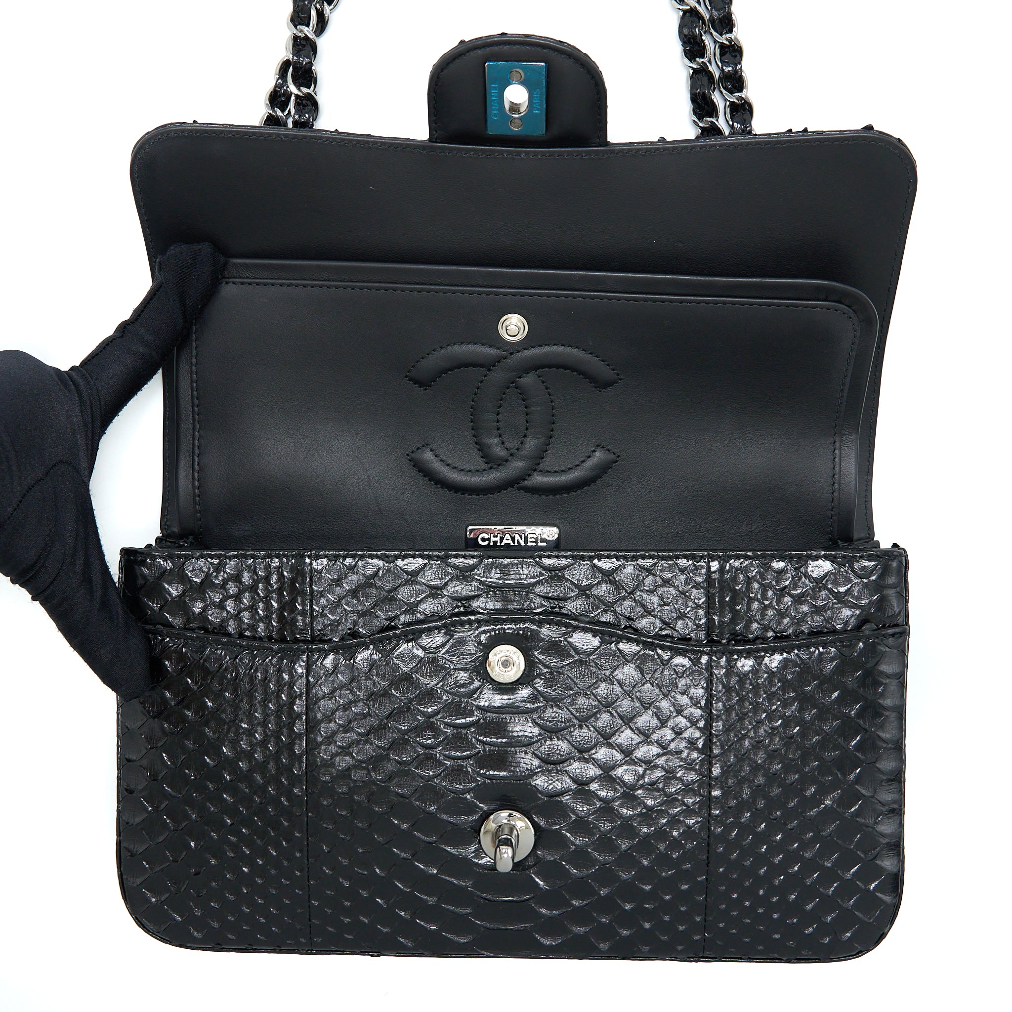 Chanel Medium Classic Double Flap Bag Python Black SHW - Image 12