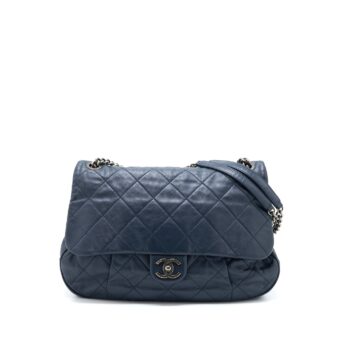 Chanel Flap Hobo Bag Calfskin Navy With Ruthenium Sliver Hardware