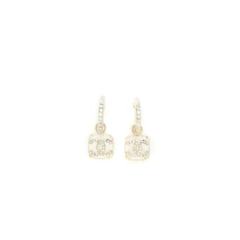 Chanel 23P Square CC Logo Drop Earrings Crystal Light Gold Tone