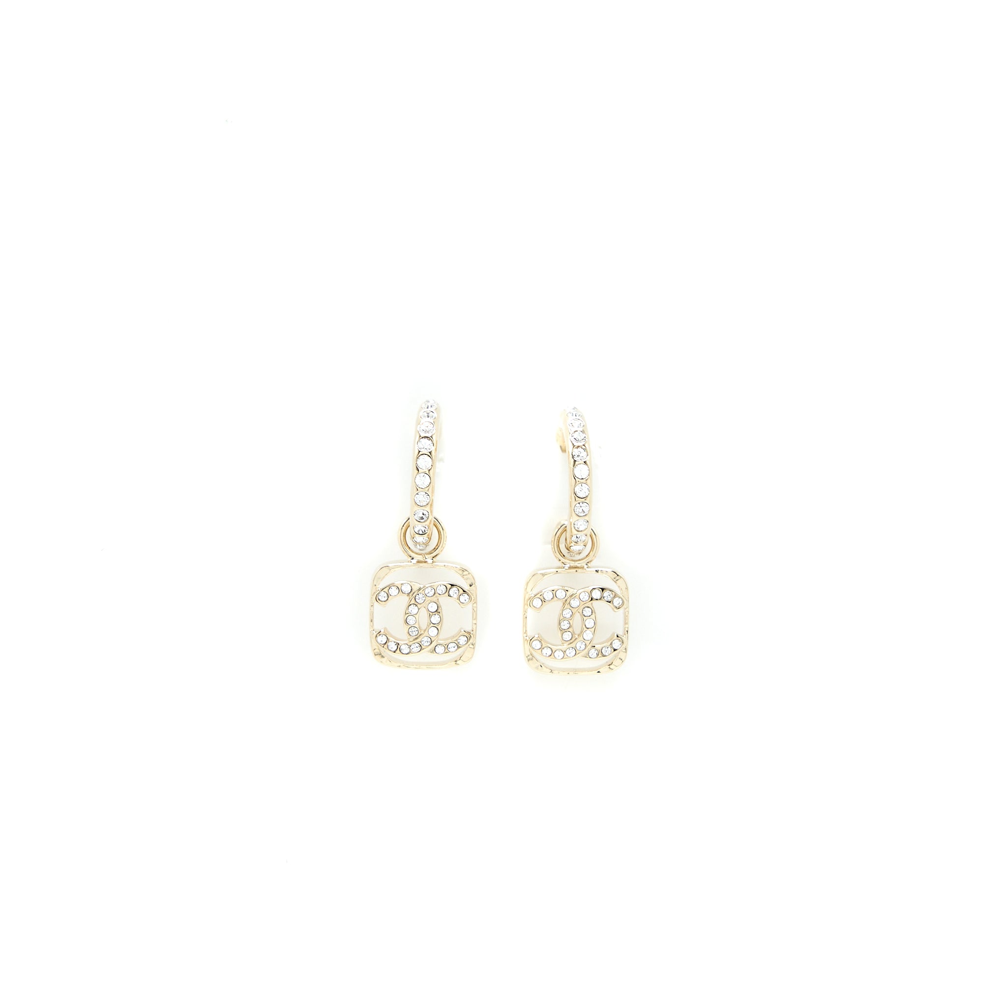 Chanel 23P Square CC Logo Drop Earrings Crystal Light Gold Tone