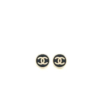 Chanel Round and CC Logo Earrings Black/Light Gold Tone