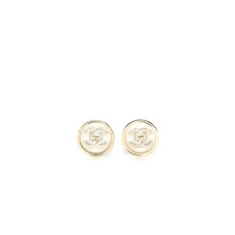 Chanel Round with CC Logo Earrings White/Light Gold Tone