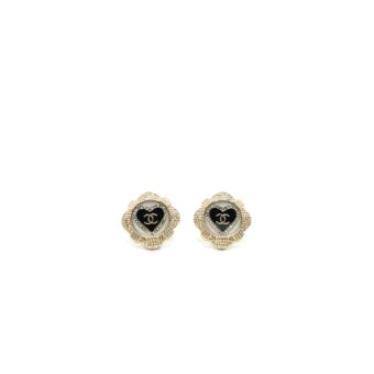 Chanel Heart With CC Logo Earring Gold Tone/ Enamel