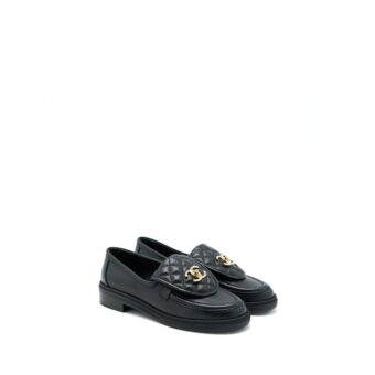 Chanel Size 37.5 Turnlock Loafers Quilted Leather Black LGHW