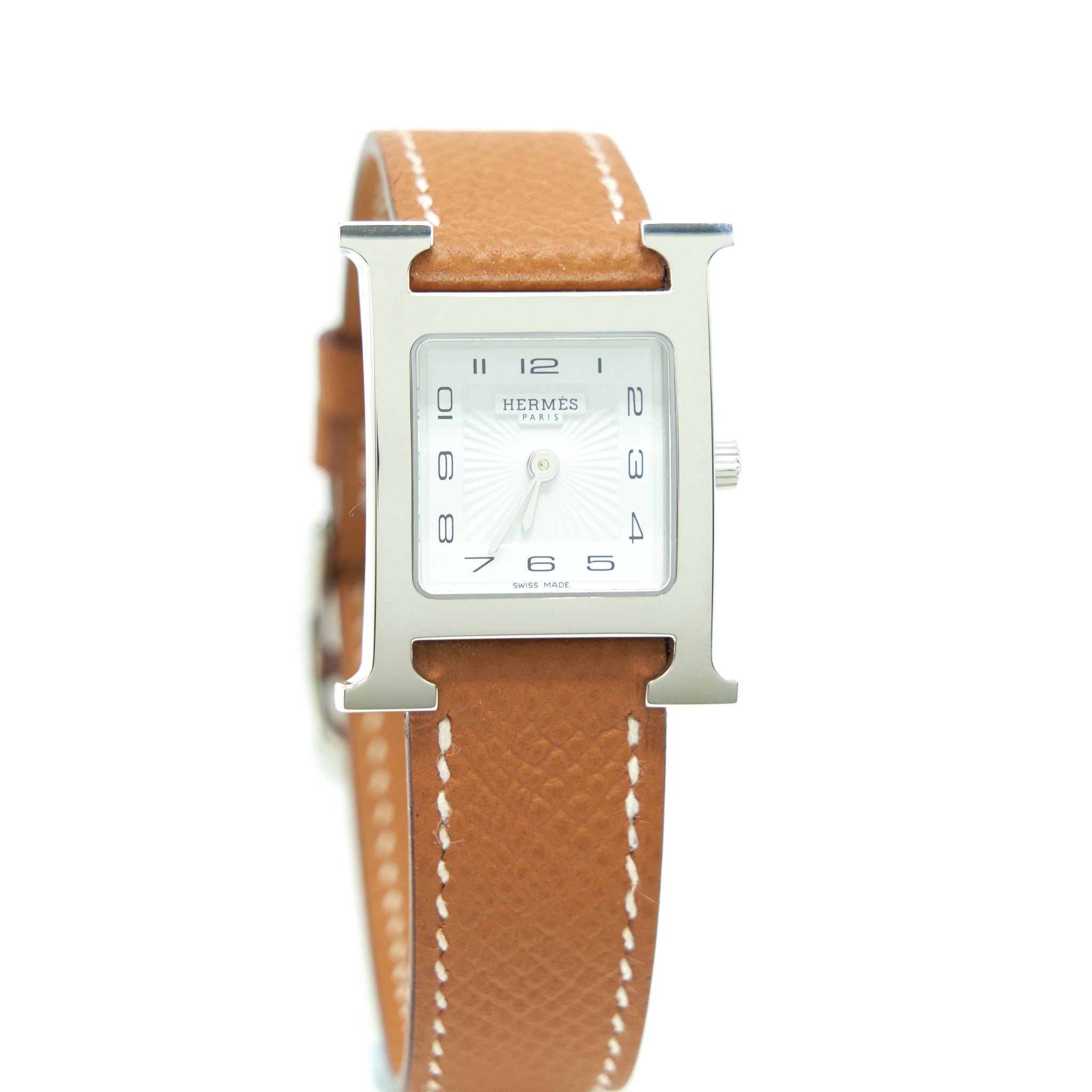 Hermes Heure H Steel Watch 21mm Epsom Gold Strap