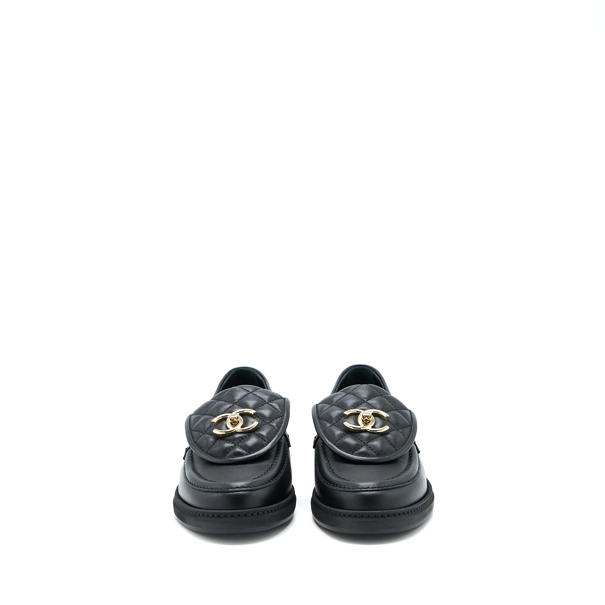Chanel Size 37.5 Turnlock Loafers Quilted Leather Black LGHW - Image 2