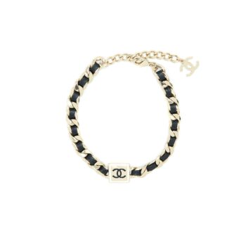 Chanel CC Logo Chain/Leather Choker Light Gold Tone/ Enamel