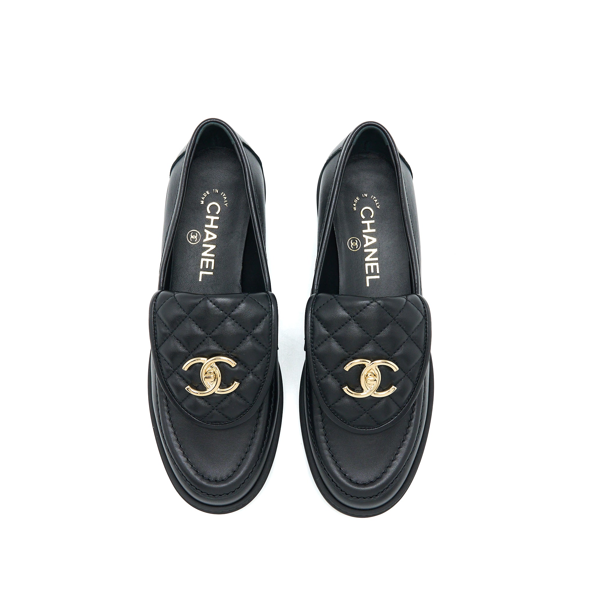 Chanel Size 37.5 Turnlock Loafers Quilted Leather Black LGHW - Image 3