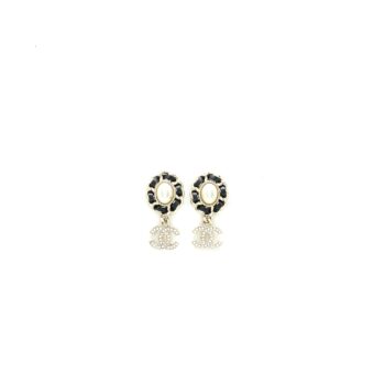 Chanel Crystal CC Logo Drop Earrings Leather Pearl Light Gold Tone