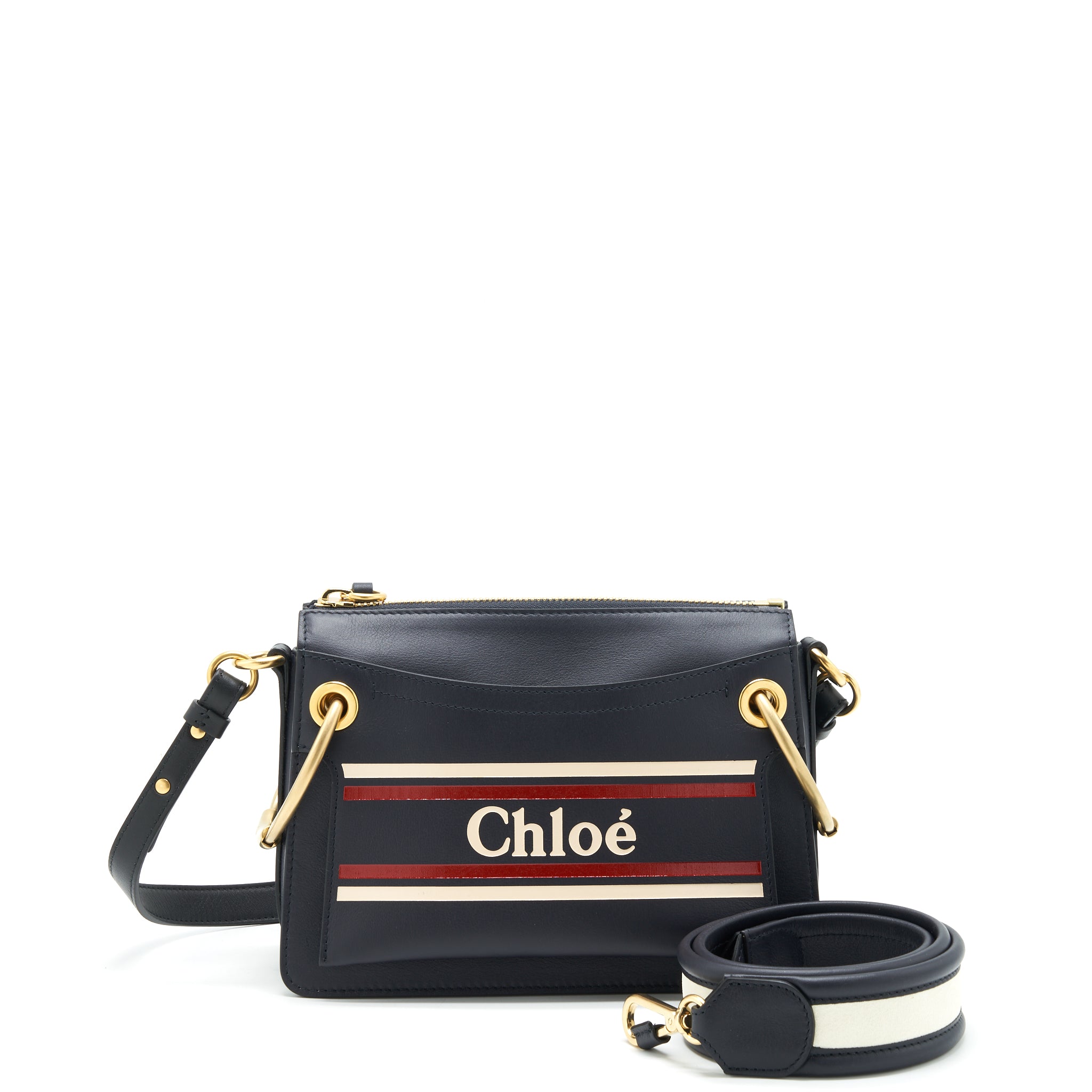 Chloe Logo Print Shoulder Bag Navy GHW
