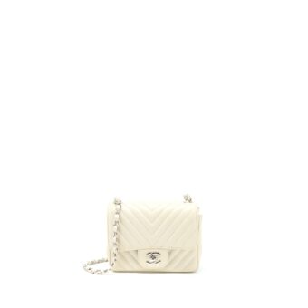 Chanel 21c Mini Square Flap Bag Chevron Lambskin Beige SHW