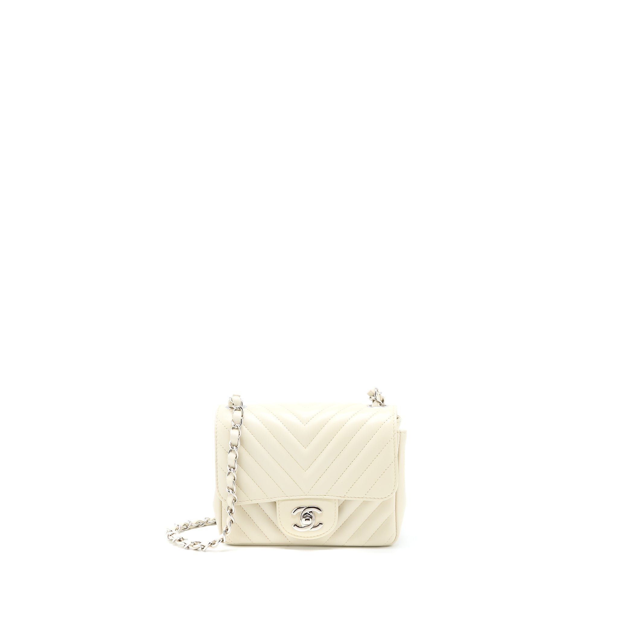 Chanel 21c Mini Square Flap Bag Chevron Lambskin Beige SHW