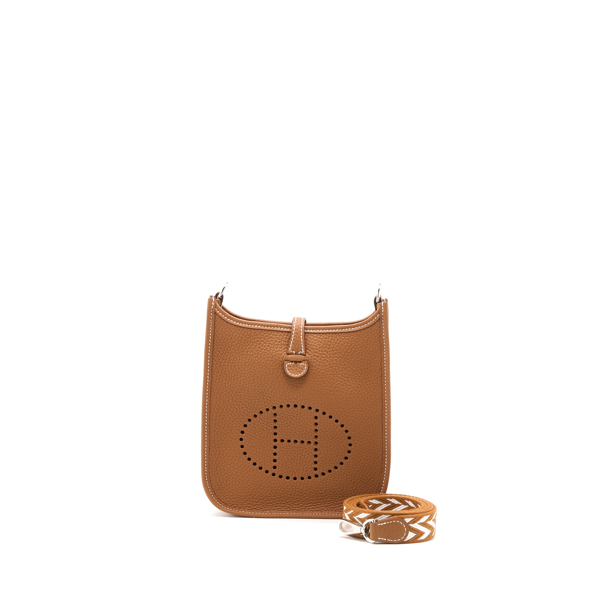 Hermes Mini Evelyn Clemence Gold with Gold-Blanc Strap SHW Stamp B